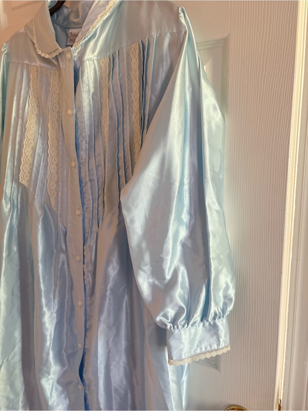 Light Blue Vintage Long Button Satin Nightgown - Picture 5 of 9